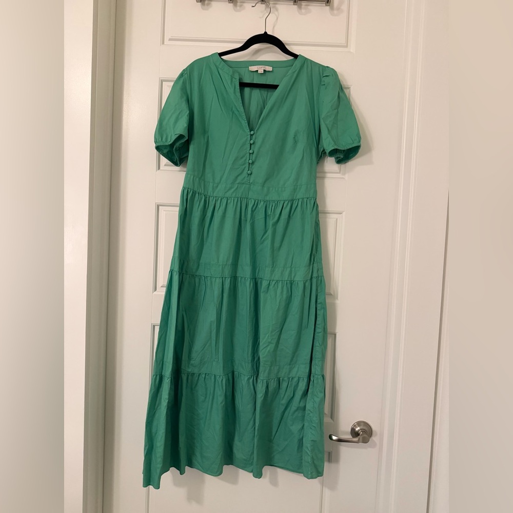 LOFT Green Maxi Dress with Puff Sleeves